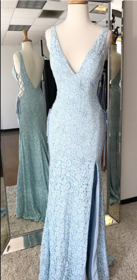 Gergeous V Neck Split Side Backless Lace Mermaid Evening Dress, Beaded Long Prom Dresses With Sli
