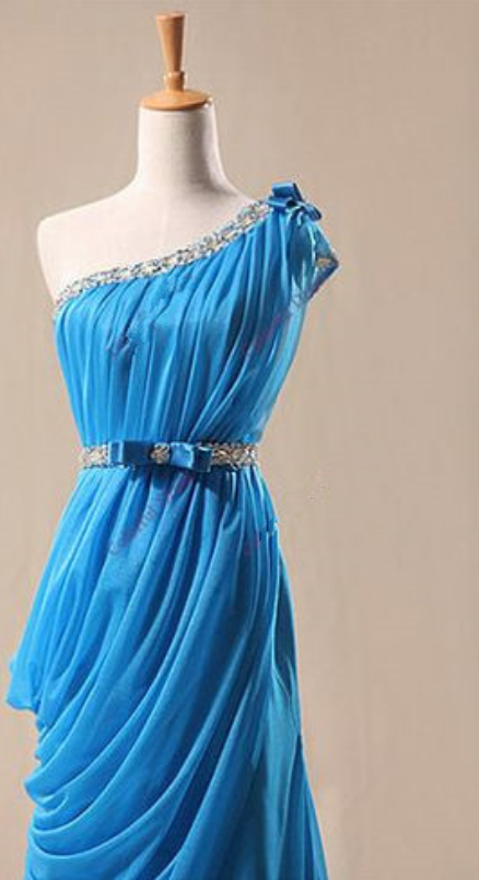 Elegant One Shoulder Blue Long Prom Gown With Belt, Blue Prom Gowns,prom Dresses