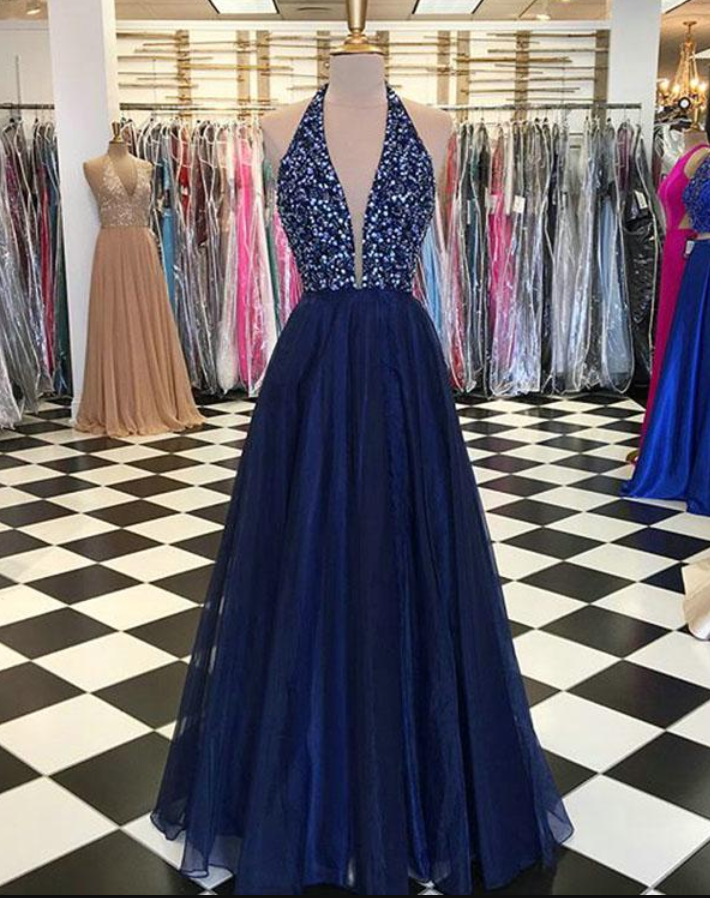 Navy Blue Elastic Satin Prom Dresses With Sequins Beaded 2018 Elegant Prom Gowns