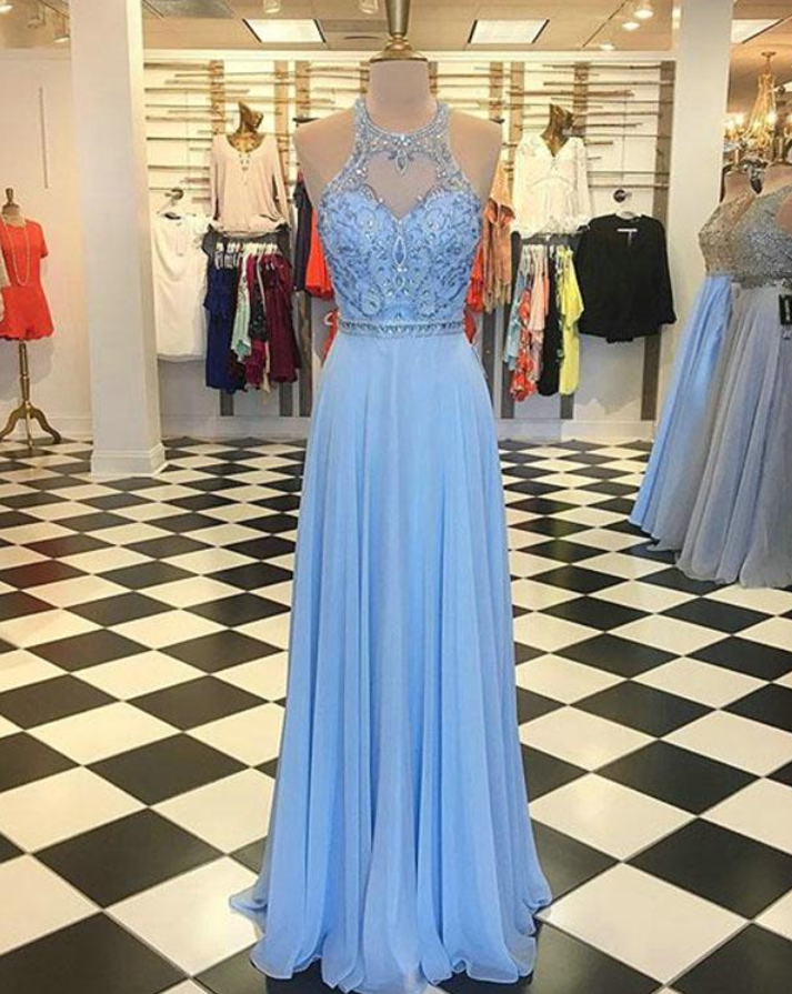Light Blue Chiffon A Line Prom Dresses With Halter Neckline Beaded Long Prom Gowns