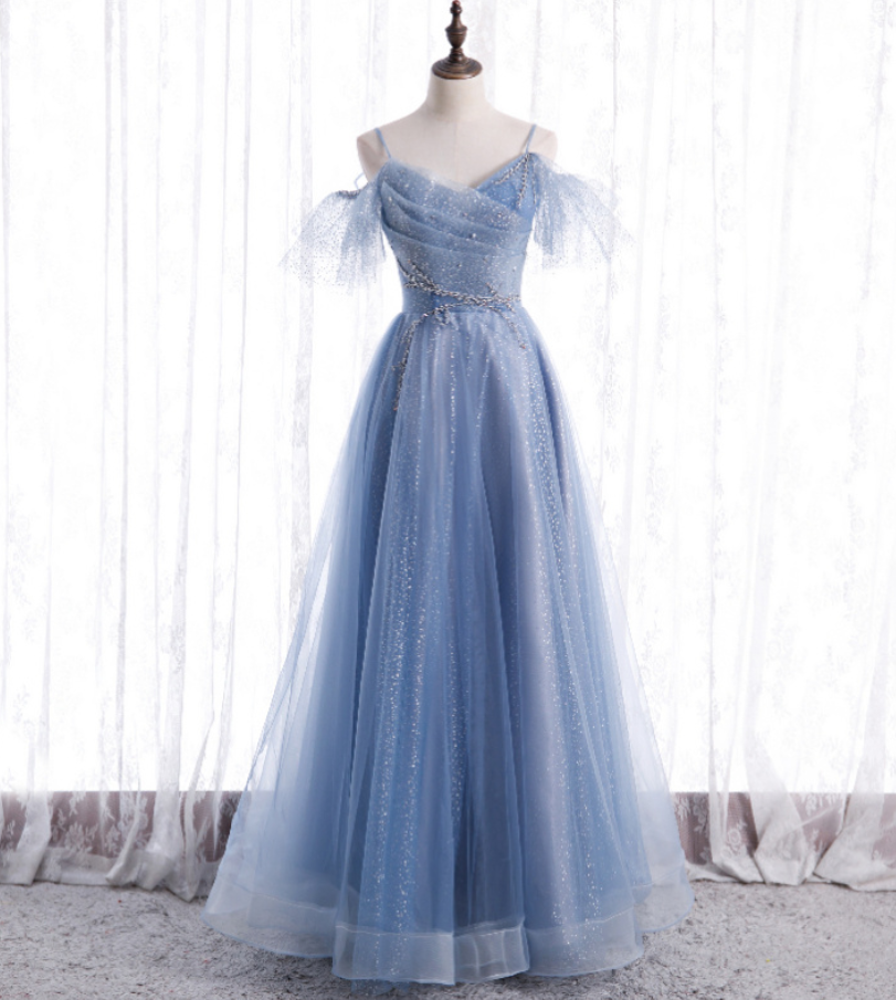 Light Blue Tulle Straps Off Shoulder Party Dress, Blue A-line Formal Dress