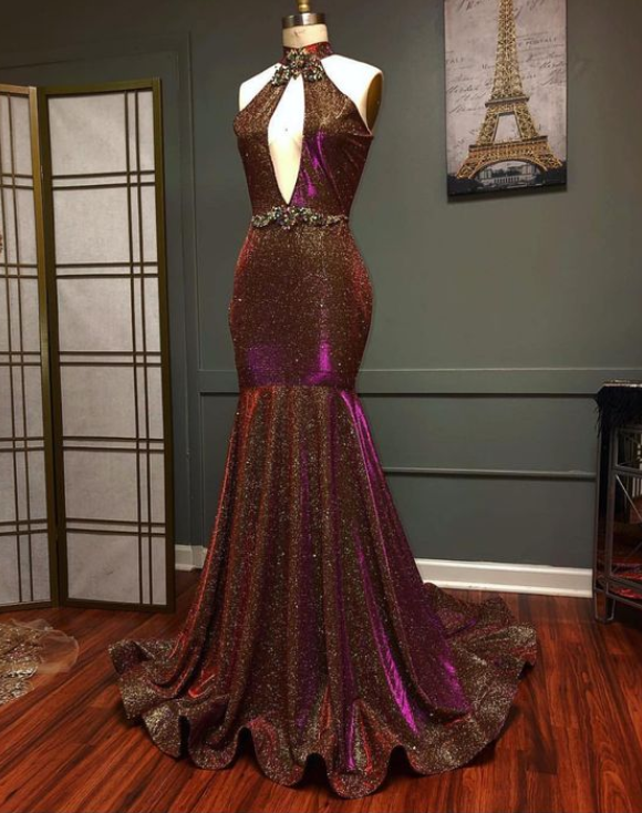 Mermaid High Neck Cut Out Long Prom Dress
