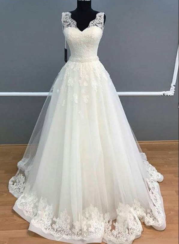 Elegant A-line V-neck Sleeveless White Long Prom/wedding Dress With Lace