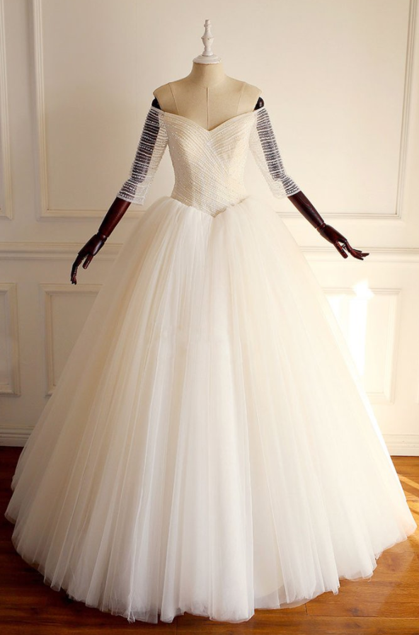 Light Champagne Off Shoulder Tulle Beads Long Prom Dress, Wedding Dress,custom Made ,2018 Fashion