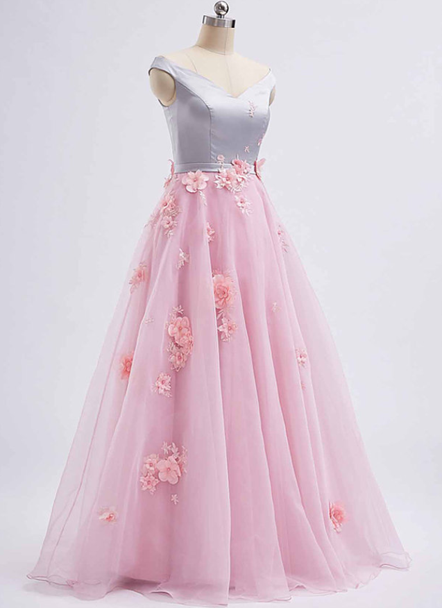 Pink Tulle V Neck ,long 3d Lace Appliqué ,spring Prom Dress, Long Graduation Dress, Chic Long Prom Dresses ,2018 Fashion