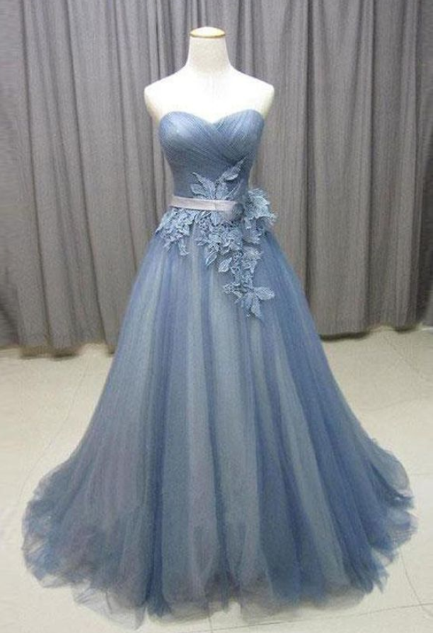 Real Picture A Line Dusty Blue Tulle Appliques Prom Dresses