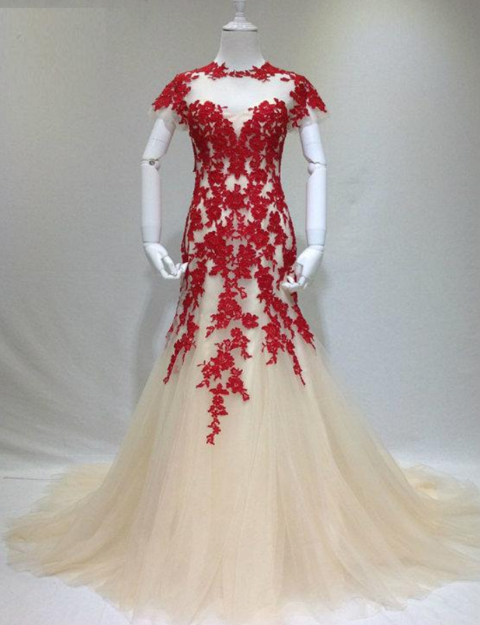 Elegant Light Champagne Tulle With Red Applique, Charming Formal Dress, Party Dress
