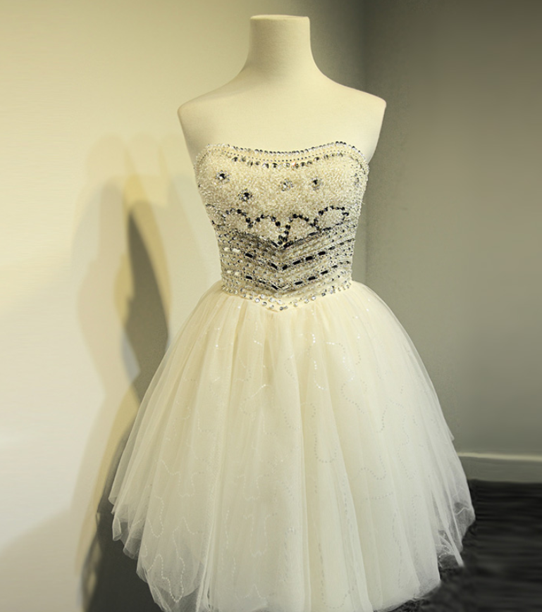 Short Prom Dress , Light Champagne Prom Dress , Shiny Beading Prom Dress , Knee Length Dress , Custom Made Dress , Cute Dress