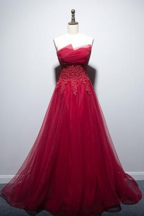 Red Prom Dress,a-line Evening Dresses,tulle Prom Dresses,strapless Prom Gown