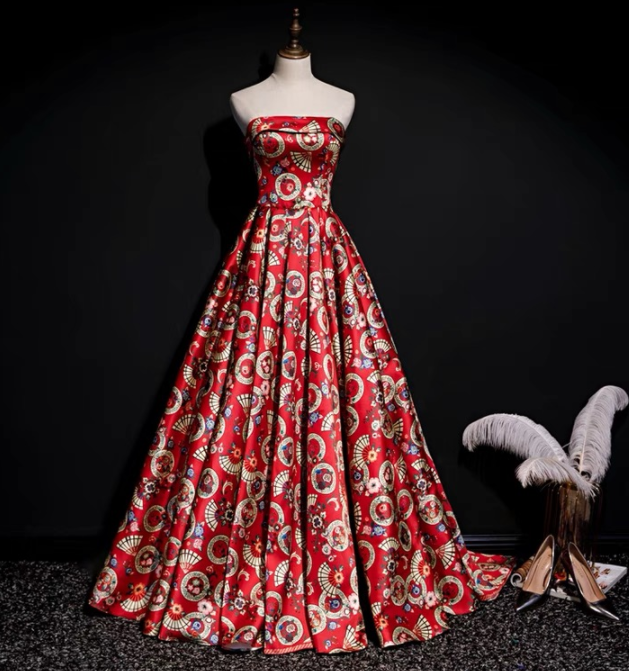 , Vintage, Ethnic Dress, Strapless Printed Dress,custom Made