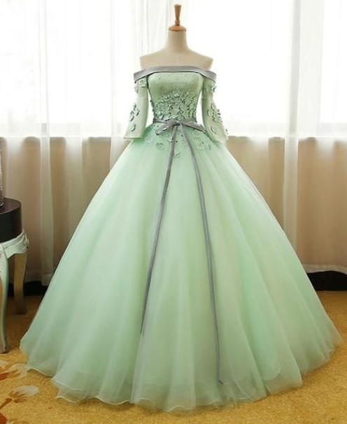 Mint Tulle Party Dress, A-line Evening Dress With Flower