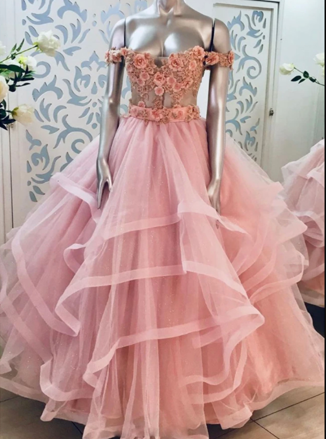 Pink Lace Applique Long Ball Gown Dress Sweet 16 Dress