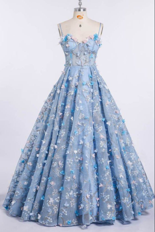 Princess Prom Dresses,Spaghetti Strap Prom Dress,3D Flower Applique Prom Gown,Sky Blue Prom Dresses,Ball Gowns 