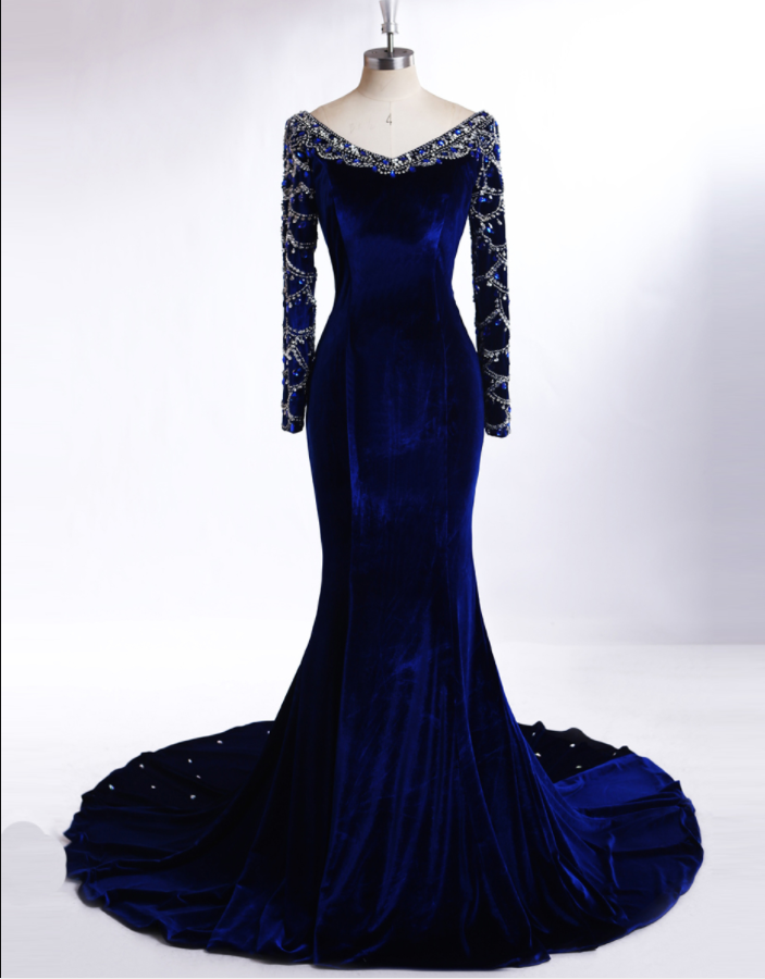 Prom Dresses, Royal Blue Prom Dresses, Long Sleeve Prom Dress, Mermaid Prom Dresses, Royal Blue Velvet Mermaid Evening Gown, Evening Dresses With