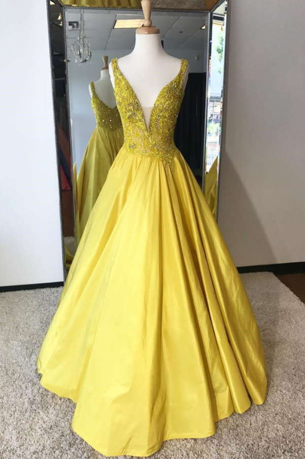 V-neck Yellow Prom Dress,long Evening Dress,evening Dress,sweet 16 Dress,long Prom Dresses,prom Dresses