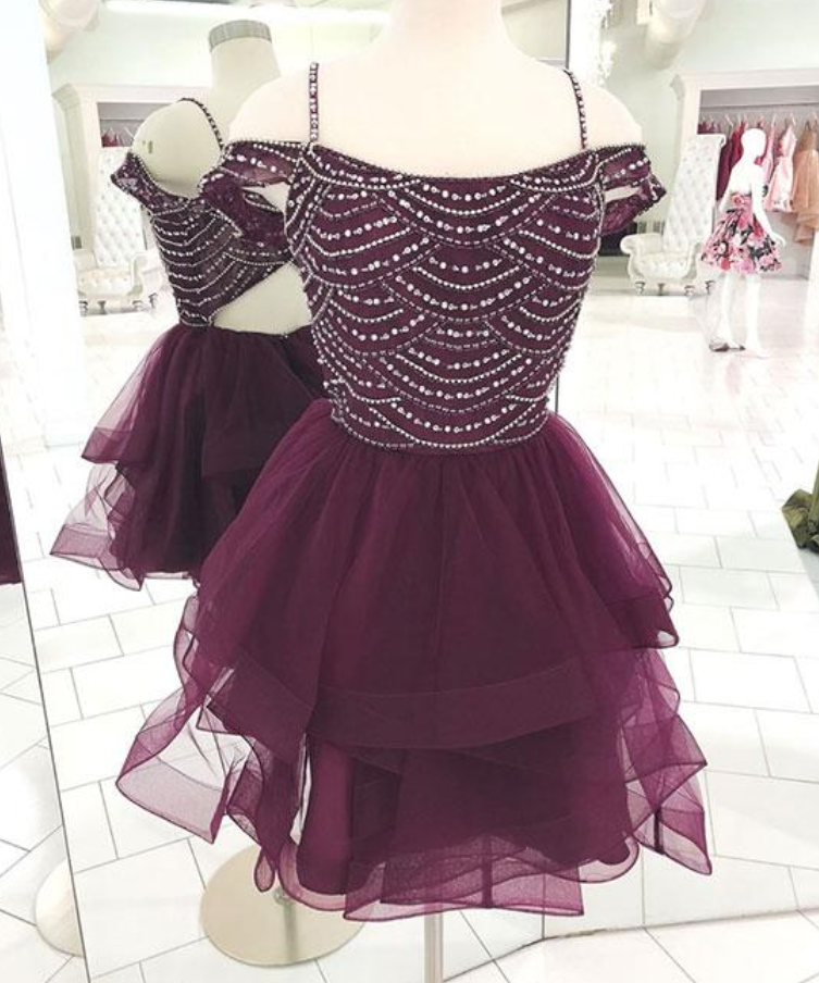 Cute Tulle Beaded Homecoming Dress,off Shoulder Short Prom Dress
