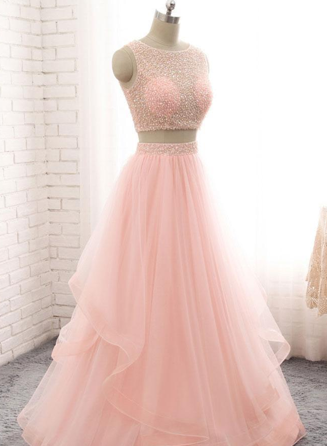 Charming Pink Two Piece Beaded Sequins Prom Dress,scoop Neck Sleeveless Floor Length Prom Dresses,2018 Homecoming Dresses