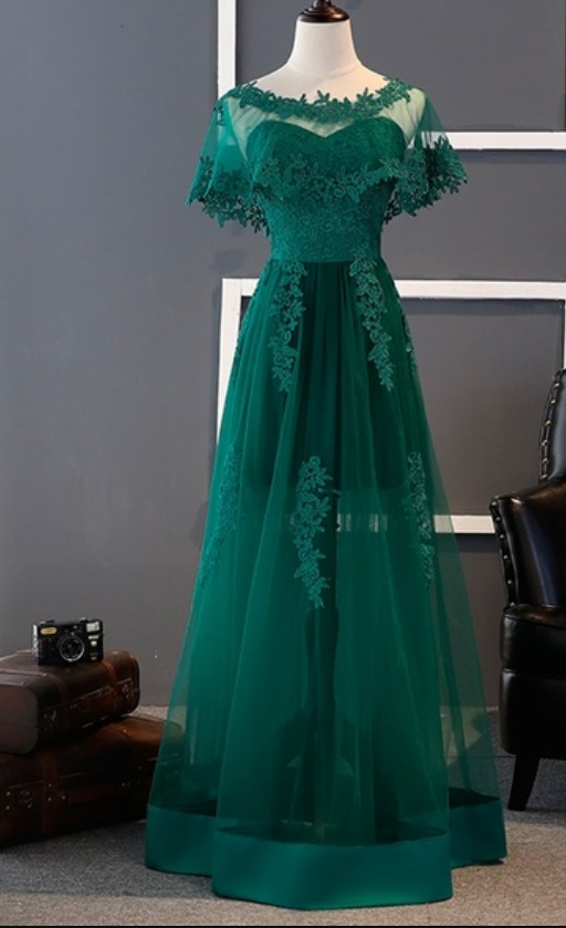 Charming Tulle Prom Dress, A Line Prom Dresses, Appliques Short Sleeve Long Evening Dress