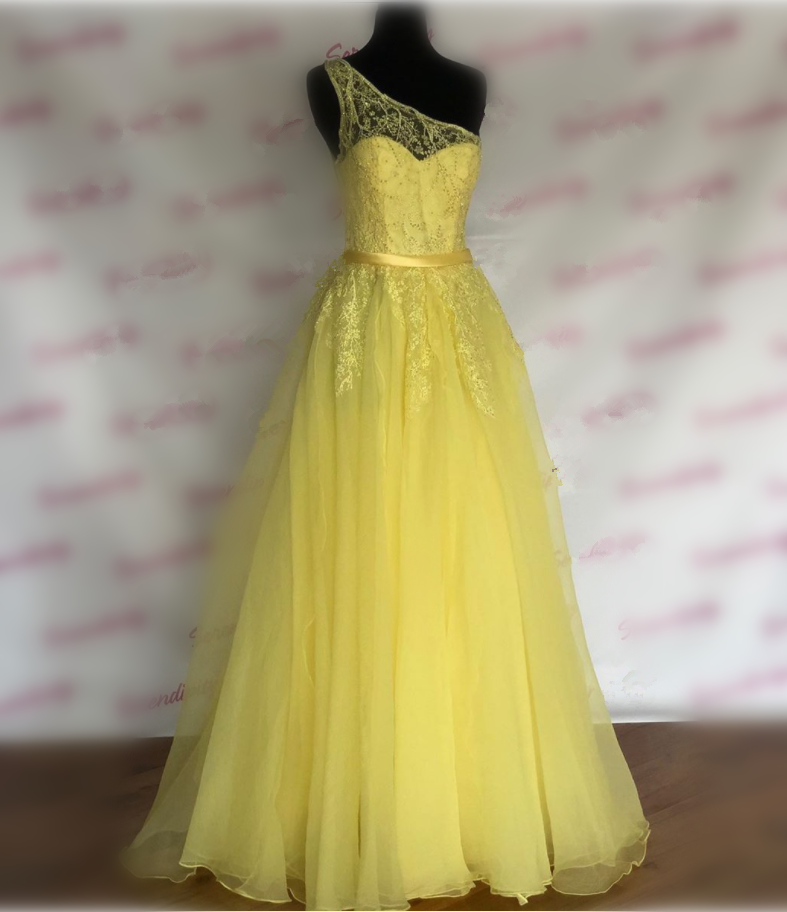 Yellow Prom Dress,a-line Evening Dresses,lace Prom Dresses,one-shoulder Prom Gown