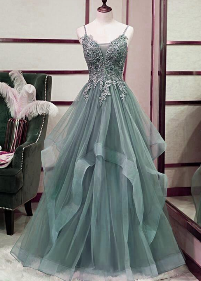 Prom Dresses Tulle Long Formal Dress, Straps A-line Prom Dress