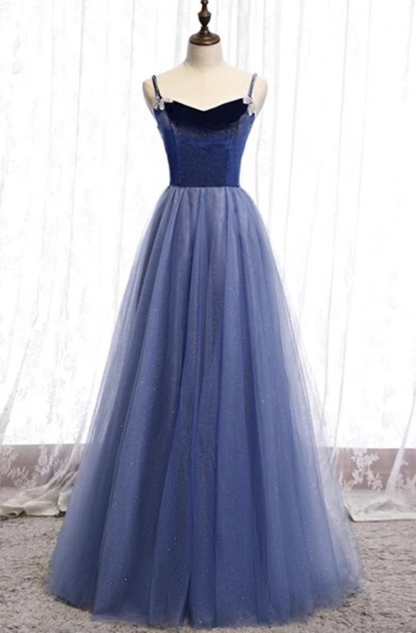 Blue Velvet Tulle Sweetheart Long A Line Prom Dress Graduation Dress
