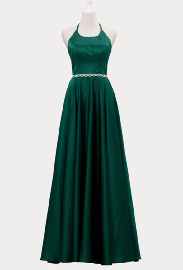 Deep Green V Neck Long Beaded A Line Backless Prom Dress Evening Dress