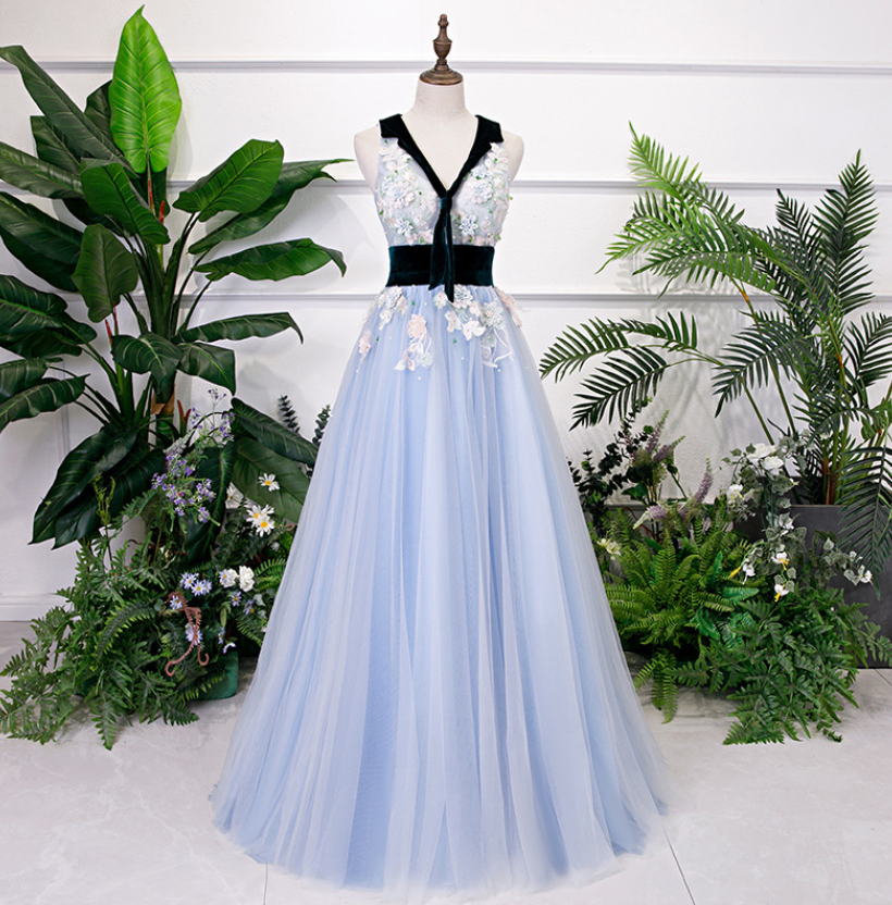 Spring And Summer Stage Performance Dress, Blue Evening Dress, V-neck Bouffant Dress,custom Made