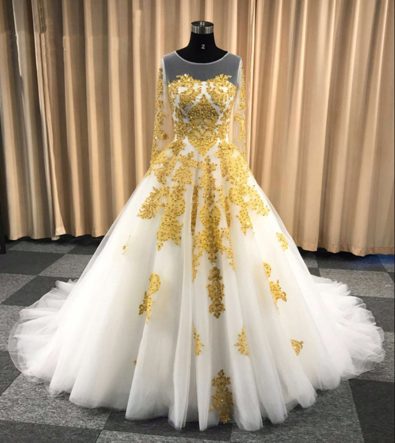 White Ball Gown Wedding Dress With Gold Appliques, Long Sleeves Puffy Prom Dress With Beading