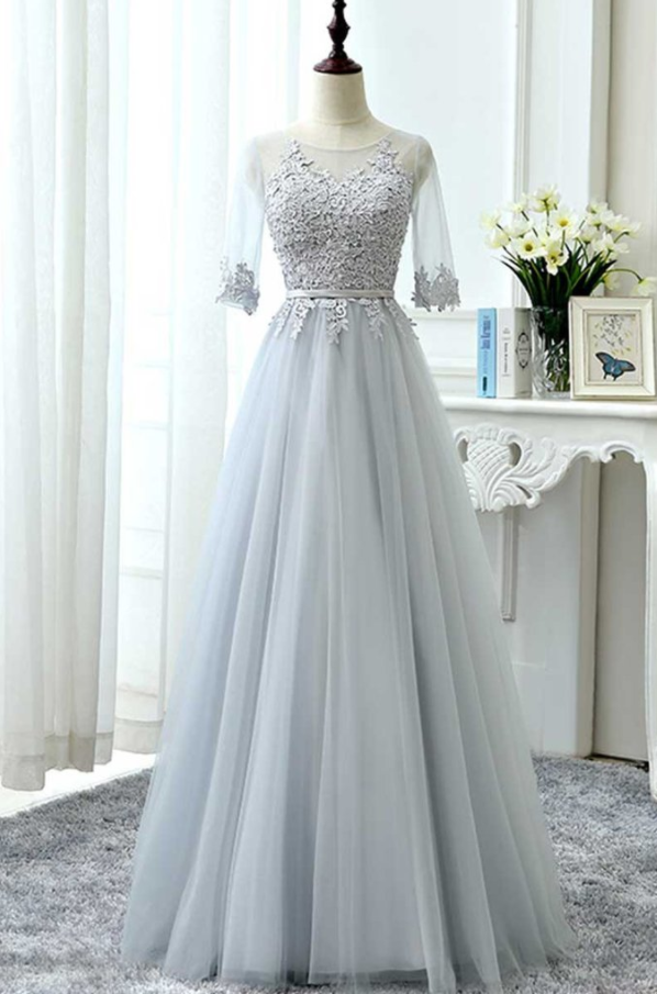 Grey Long Party Dress With Short Sleeves Formal Gowns, Grey Bridesmaid Dress