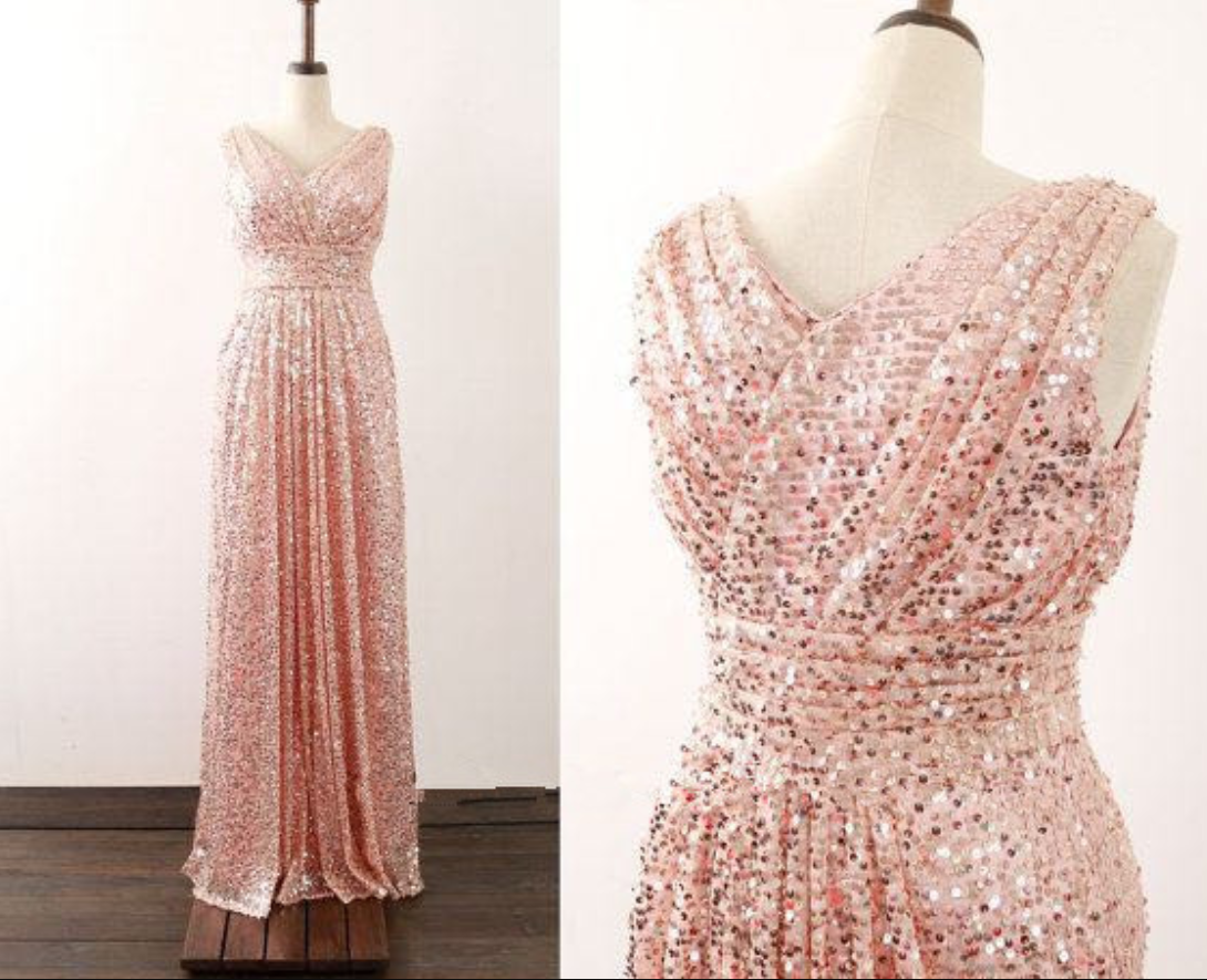 Cute Light Pink Sequins V-neckline Long Party Dress, Pink Bridesmaid Dress