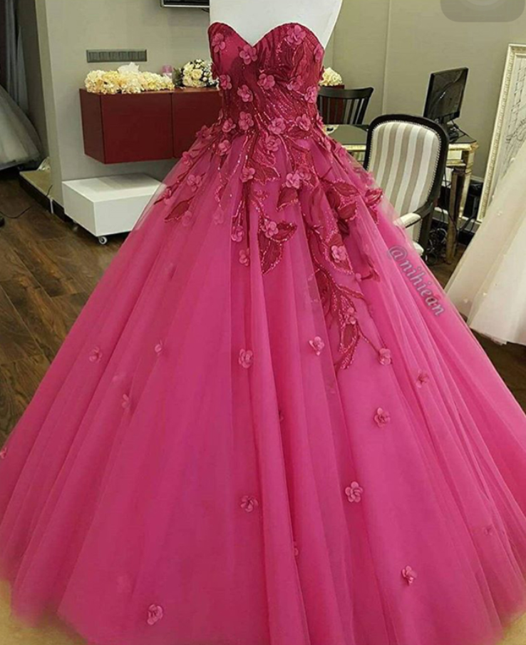 Pink Prom Dress, Handmade Flower Prom Dress, A Line Prom Dress, Tulle Prom Dress, Sweetheart Neckline Prom Dress, Elegant Prom Dress, Floor