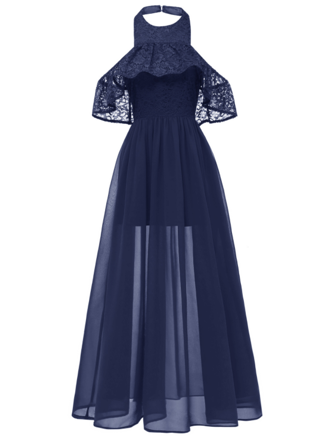 Women Chiffon Maxi Dress Halter Lace Beach Casual Long Evening Party Dress Navy Blue