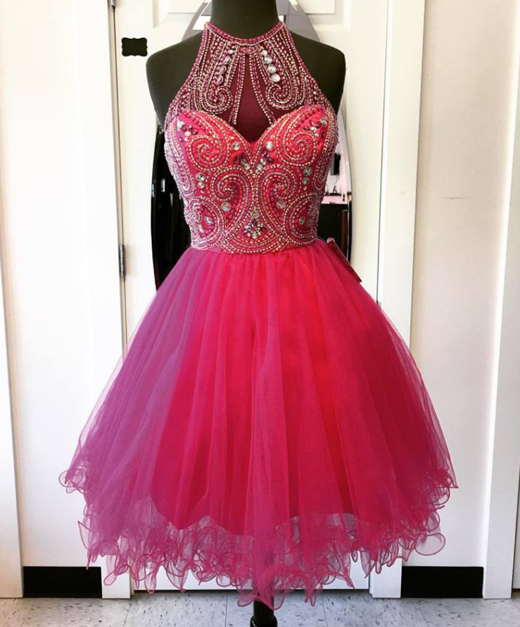 Fuchsia Tulle with Beaded Halter Homecoming Dresses,Hoco 2k17 Dress,Short Prom Dress