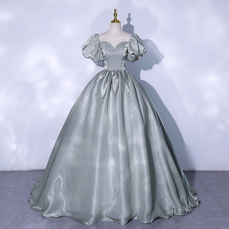 Princess Temperament Grey Green Bubble Sleeve Bridal Wedding Dress Evening Dress