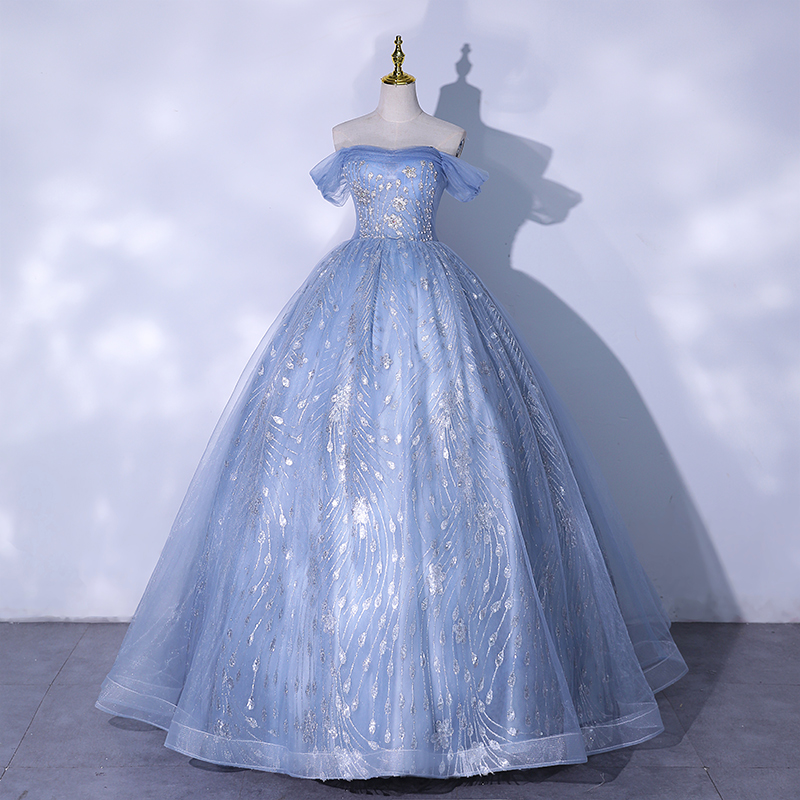 Haze Blue Temperament Cinderella Shoulder Puffy Skirt Annual Party Evening Dress Woman