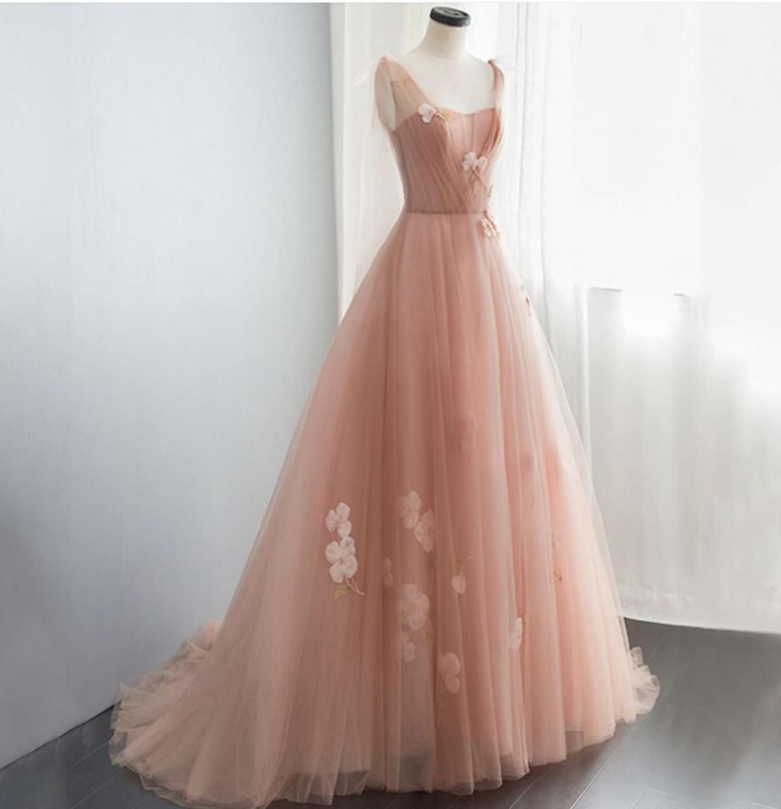 Pink Tulle Long Prom Dress A Line Evening Gown