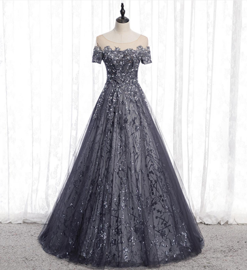 Gray Tulle Sequins Long Prom Dress A Line Evening Gown