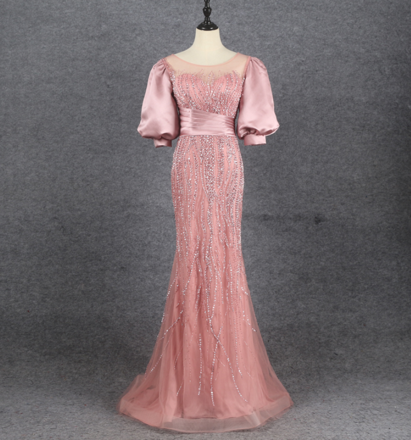Dress Dress Pink Seven-point Sleeve Fishtail Temperament Long Dress Senior Slimming Evening Dress