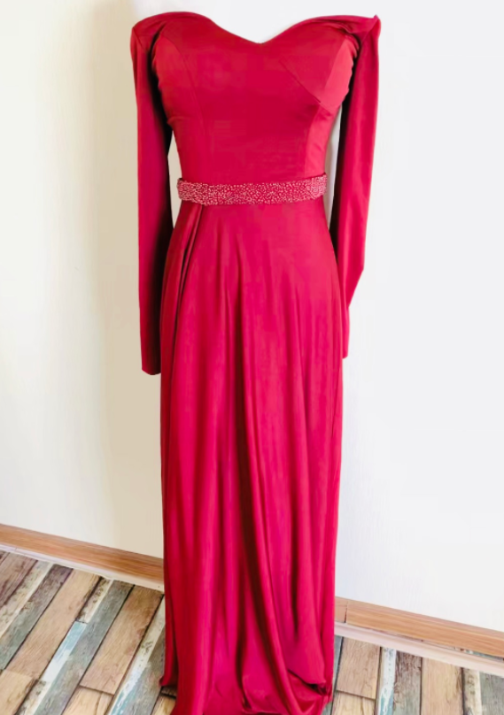 Long Sleeve Prom Dress,red Party Dress,off Shoulder Evening Dress,back Zipper,queenie Prom Unique,custom Made