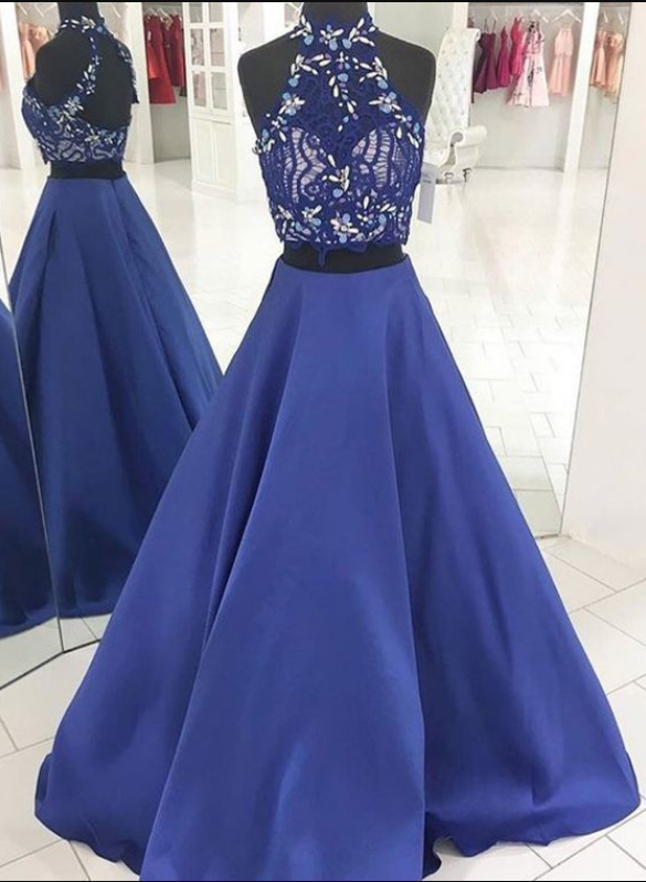 Charming Prom Dress, Elegant Two Piece Appliques Prom Dresses, Long Evening Party Dress