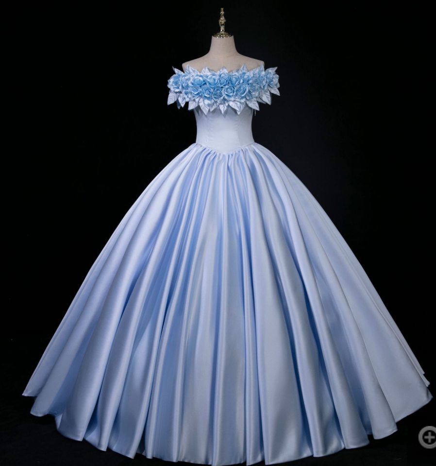 Flower Fairy Blue Fluffy Dress One Shoulder Satin Flower Banquet Evening Dress Fashion Noble Dress