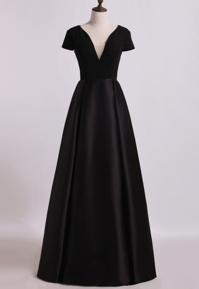 Prom Dresses Open Back V-neck Short Sleeve A-line Satin Evening Dress Black Bodice Floor-length