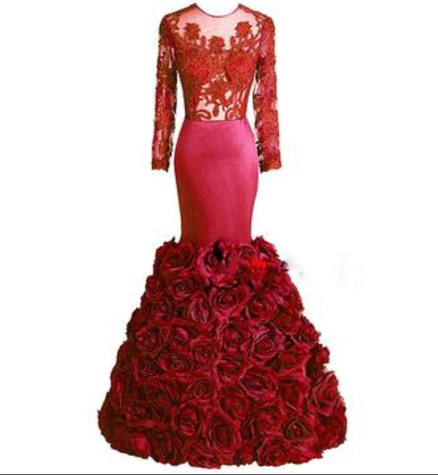 Long Sleeves Mermaid Prom Dresses African Evening Gown With Flowers