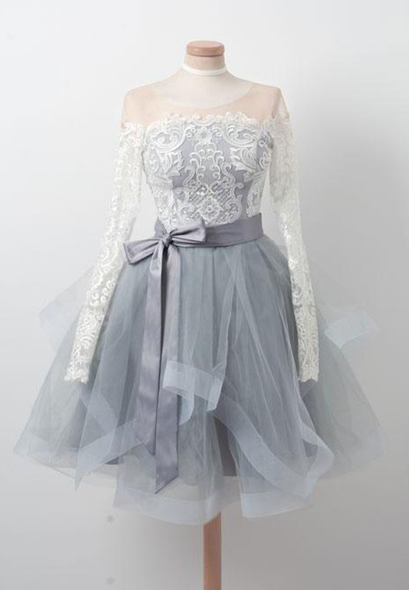 Gray round neck tulle lace short homecoming dress, gray homecoming dress