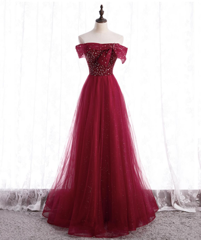 Burgundy Tulle Beads Long Prom Dress A Line Evening Gown