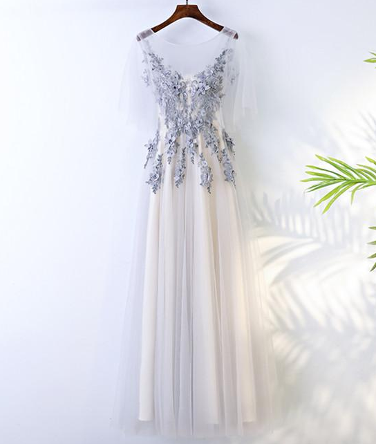 A Line Round Neck Short Sleeves Lace Prom Dresses With Appliques, Lace Formal Dresses,