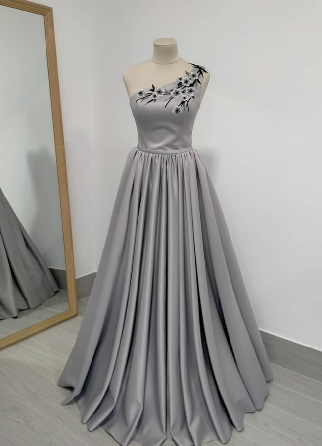 Chic,gray Satin Prom Dress One Shoulder Evening Dress With Applique,custom Made