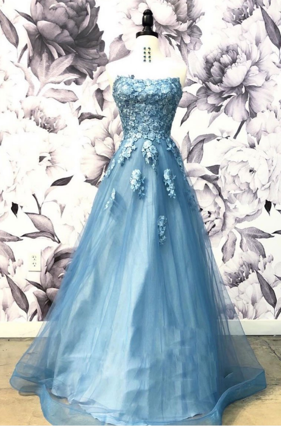 Blue Sweetheart Neck Tulle Applique Long Prom Dress, Blue Evening Dress