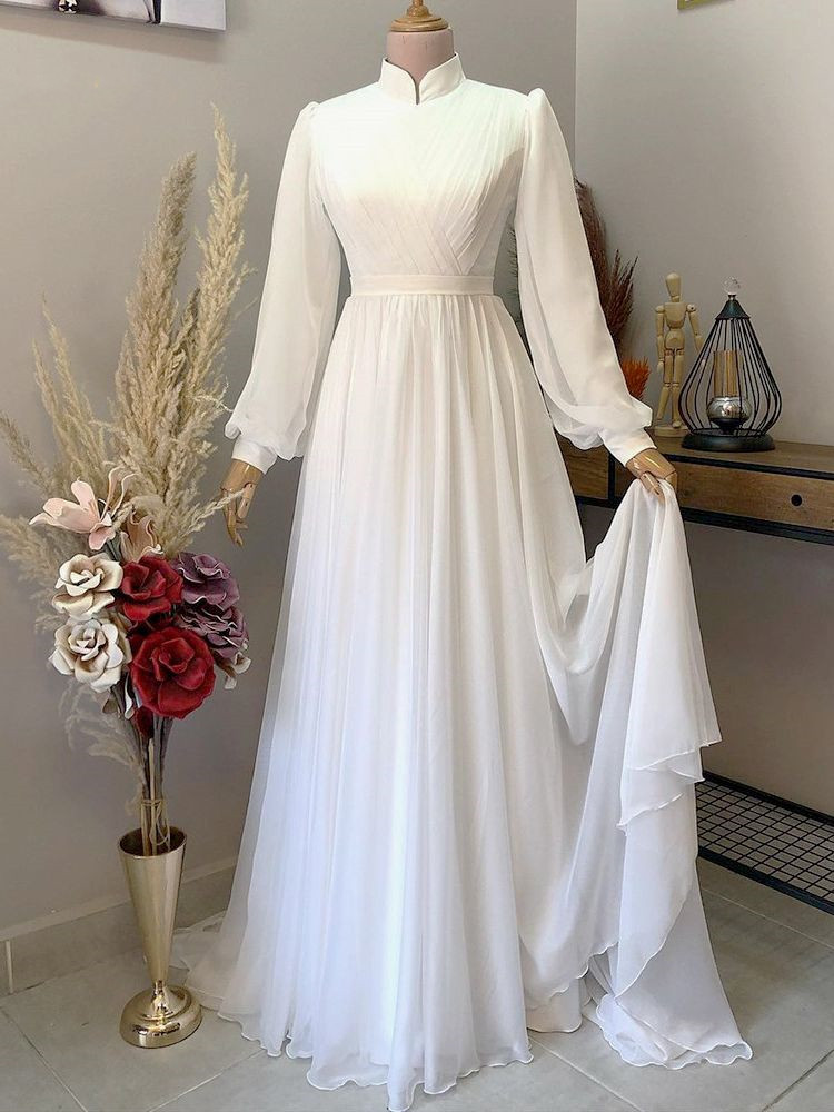 Prom Dresses, Simple Ivory Party Dress Elegant Long Evening Dress Full Sleeve Formal Dress