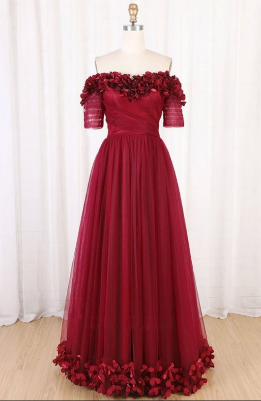 Burgundy Tulle Short Sleeve Formal Dress Sweet 16 Prom Dresses